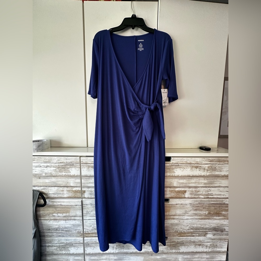 🌊 Sonoma Blue Wrap Midi Dress Maternity S NWT 💙 Ruched V-Neck
